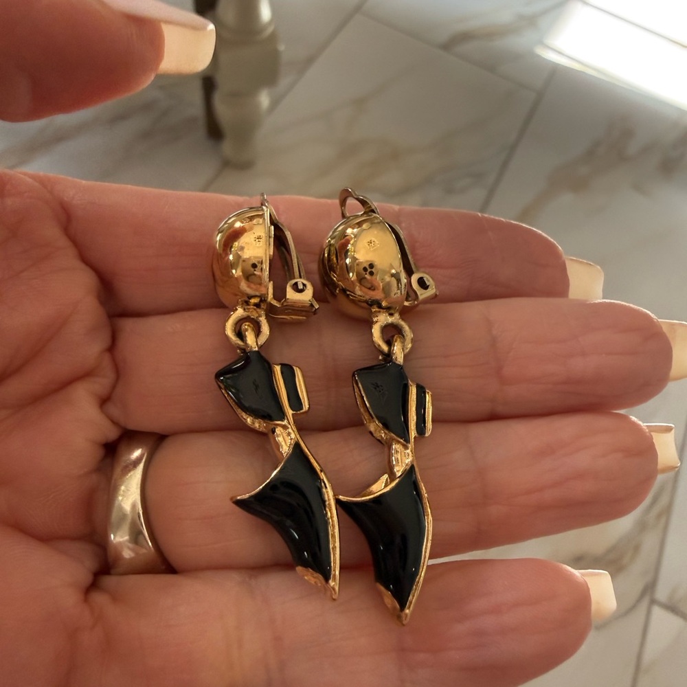 Vintage Salvatore Ferragamo Gold-Tone Earrings with Black Enamel Accents